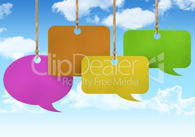 Hanging paper speech bubbles and sky background