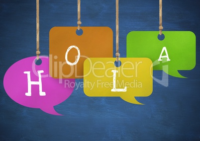 Hola text on hanging paper speech bubbles