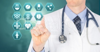 Male doctor interacting with medical hexagon interface