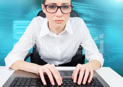 Woman typing coding text