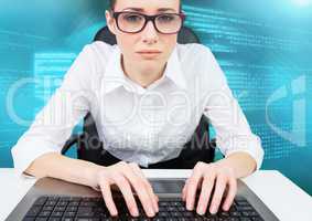Woman typing coding text
