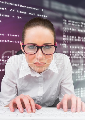 Woman typing coding text