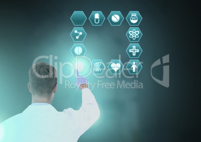 Male doctor interacting with medical hexagon interface