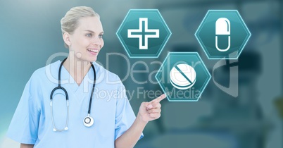 Female doctor interacting with medical hexagon interface