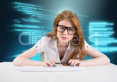 Woman typing coding text