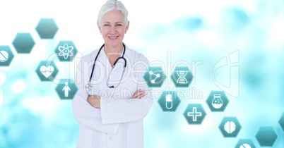 Female doctor with medical hexagon interface