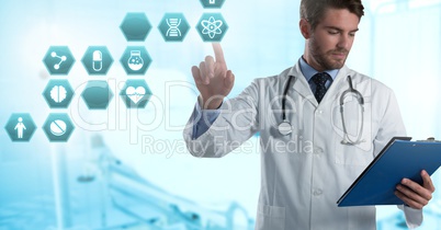 Male doctor interacting with medical hexagon interface