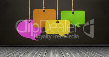 Hanging paper speech bubbles and blackboard background