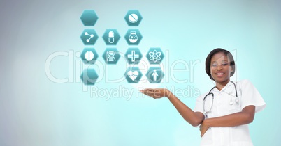 Female doctor interacting with medical hexagon interface