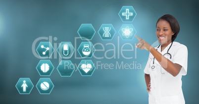 Female doctor interacting with medical hexagon interface