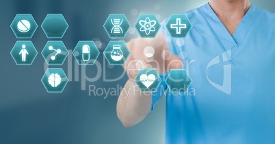 Doctor hand interacting with medical hexagon interface