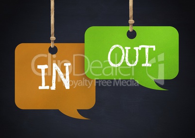 In Out text on hanging paper speech bubbles In Out text on hanging paper speech bubbles