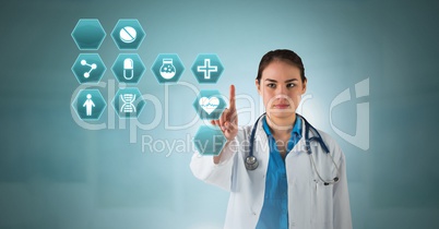 Female doctor interacting with medical hexagon interface