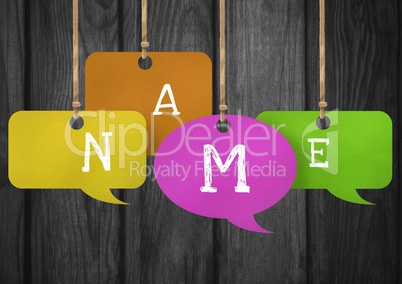 Name text on hanging paper speech bubbles