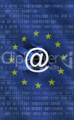 European union flag with binary codes and @ sign