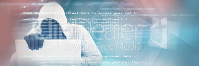 Composite image of hiker in gray hoodie and gloves using laptop