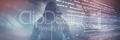 Composite image of male hacker wearing black hoodie while standing