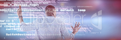 Composite image of man pretending to touch an invisible screen against white background Composite image of man pretending to touch an invisible screen against white background