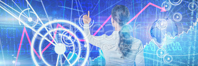 Composite image of female executive pretending to touch an invisible screen against white background