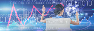 Composite image of rear view of businesswoman touching interface white sitting on chair