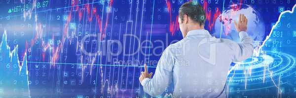 Composite image of businessman in blue shirt touching interface