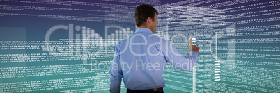 Composite image of rear view of businessman in blue shirt using invisible interface