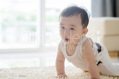 Cute baby boy crawling on carpet.