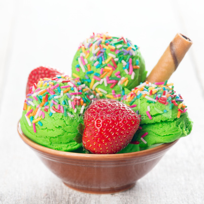 Matcha ice cream in bowl