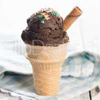 Brown ice cream in waffle cone