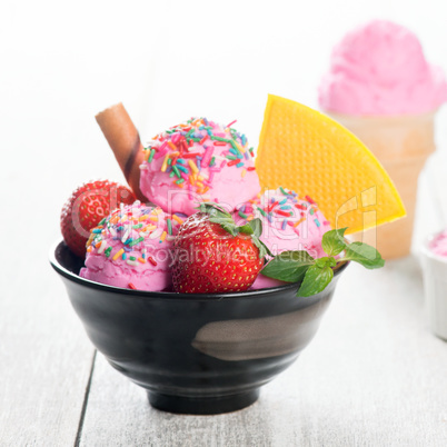 Pink ice cream with strawberry