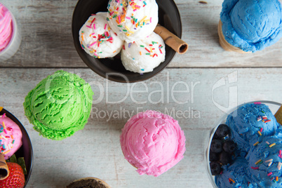 Different flavors ice cream bowl top view