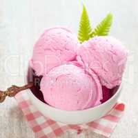 Pink ice cream in bowl