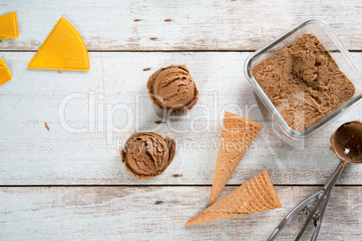 Top view chocolate ice cream scoops
