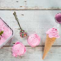 Strawberry ice cream waffle cone top view