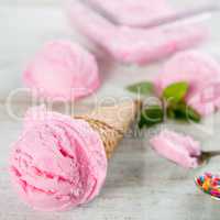 Pink ice cream waffle cone