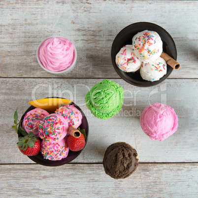 Various color ice cream bowl top view