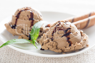 Close up chocolate ice cream plate