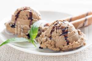 Close up chocolate ice cream plate