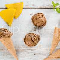 Chocolate ice cream scoops top view