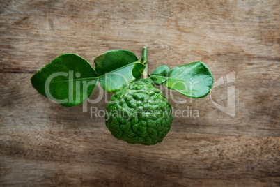 Top view kaffir lime on wood background