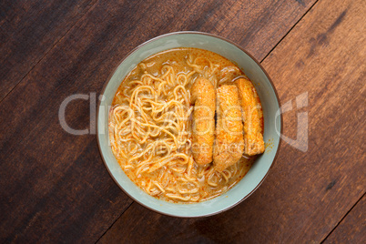 Top view Curry Laksa Noodles cuisine
