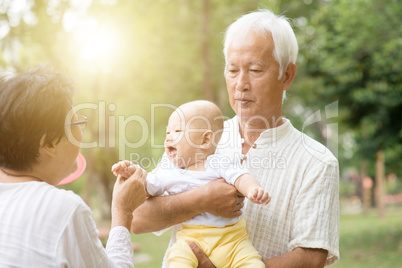 Grandparents playing with grandchild outdoors.