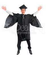Graduate university student jumping high