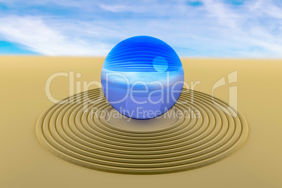 Glass ball in the sand, 3D illustration