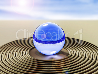 Glass ball in the sand, 3D illustration