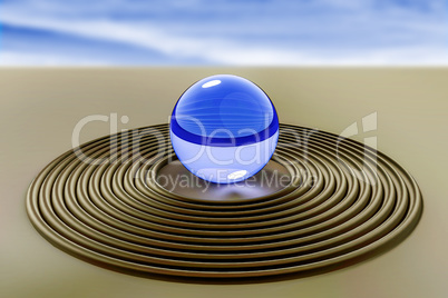 Glass ball in the sand, 3D illustration