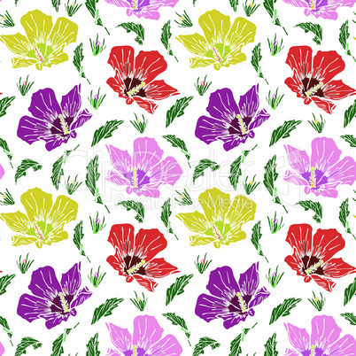 blooming pink, red and yellow mallow, seamless pattern isolated on white background