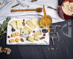 brie cheese, roquefort, camembert, cheddar and honey