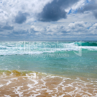 Sandy beach of the tropical ocean and the overcast sky with dram