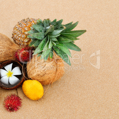 Set of tropical fruits on a sandy beach. Sri Lanka.